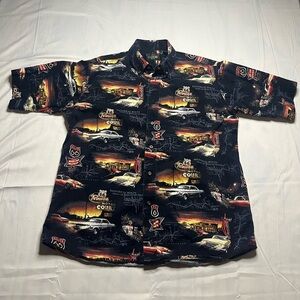 RedHead Mens Large Button Down Classic Cars Route 66 Neon Lights